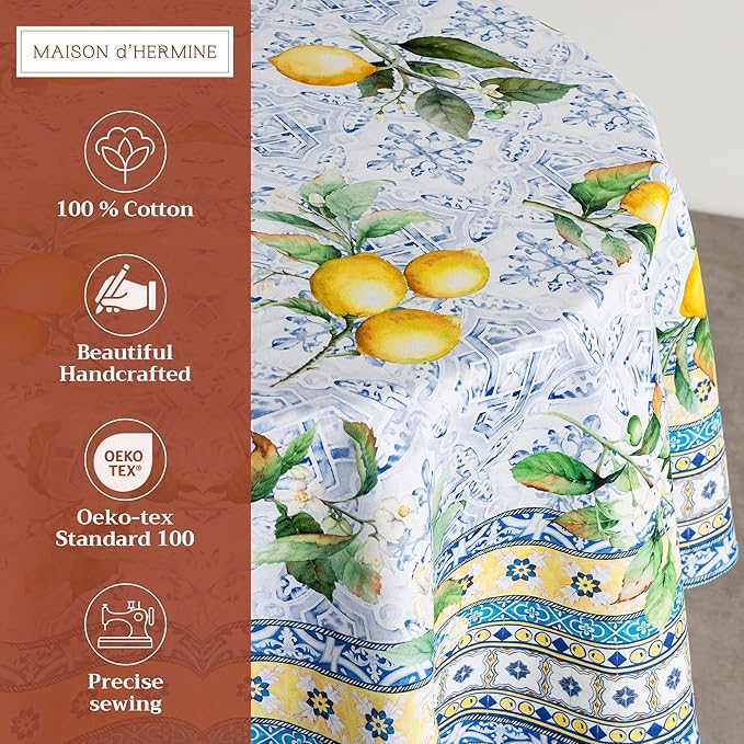 Maison d' Hermine Table Cloth Round Table 100% Cotton 69 Round Inches Tablecloth Reusable Decorative for Dining Room Farmhouse Home Valentines Day Decorations Spring Summer - Citrus