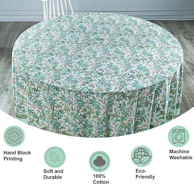 Ridhi Block Print Round Sage and Russian Green Reusable Tablecloth 100% Cotton 110" Inch Decorative Table Cover eveyday Dining, Home, Party, Wedding, Farmhouse Gift for Spring, Easter, Valentine