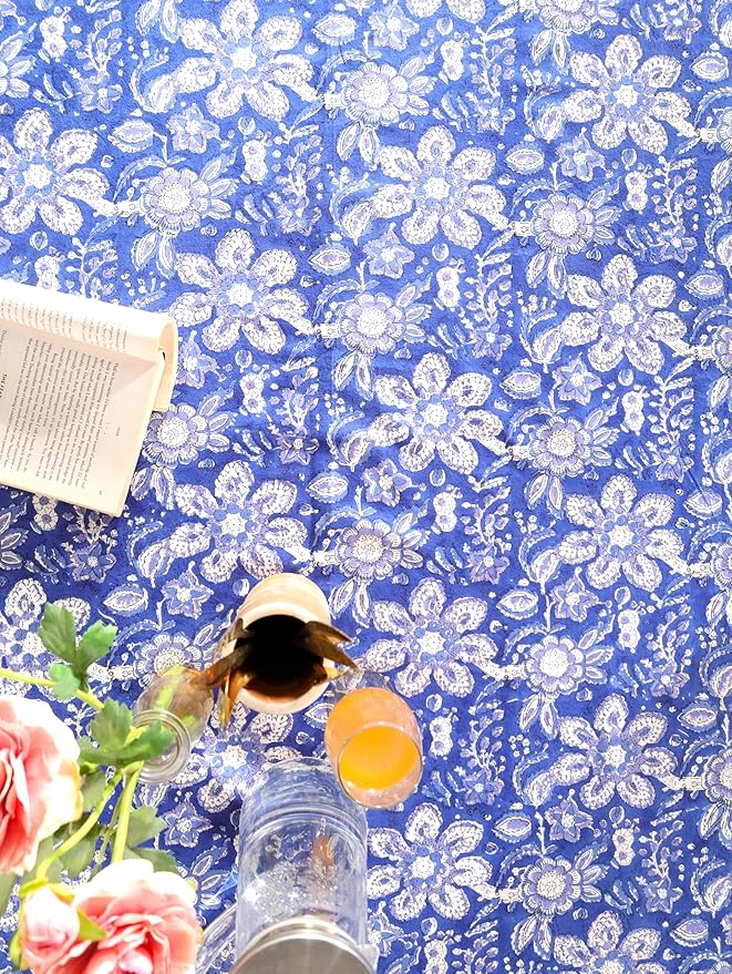 Hand Block Printed Table Cover - Exquisite Design, Premium Cotton Fabric, Perfect for Dining and Decor, Dining Table Linen (Blue Petal Harmony, 6 Seater 60 x 90 Inches Rectangle)