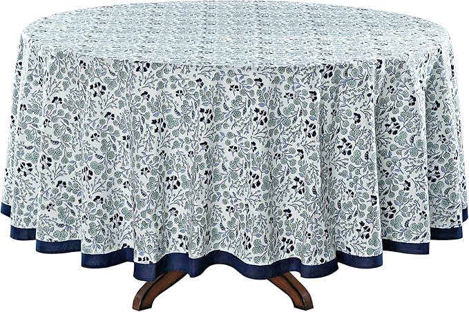 Ridhi Block Print Round Denim Blue Reusable Tablecloth 100% Cotton 60" Inch Decorative Table Cover eveyday Dining, Home, Party, Wedding, Farmhouse Gift for Spring, Easter, Valentine