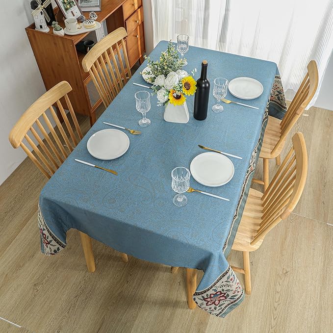 Dimatic Cotton Linen Rectangular Botanical Pattern Tablecloth for Kitchen, Dining Table, Picnic, Party Holiday Decoration Table Cover, Blue 55 x 102 Inches