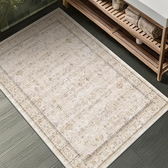Farmhouse Bathroom Rug 2x3 Beige, Machine Washable Small Non Slip Indoor Entryway Area Rug, Low Pile Thin Neutral Vintage Design for Bedside, Kitchen