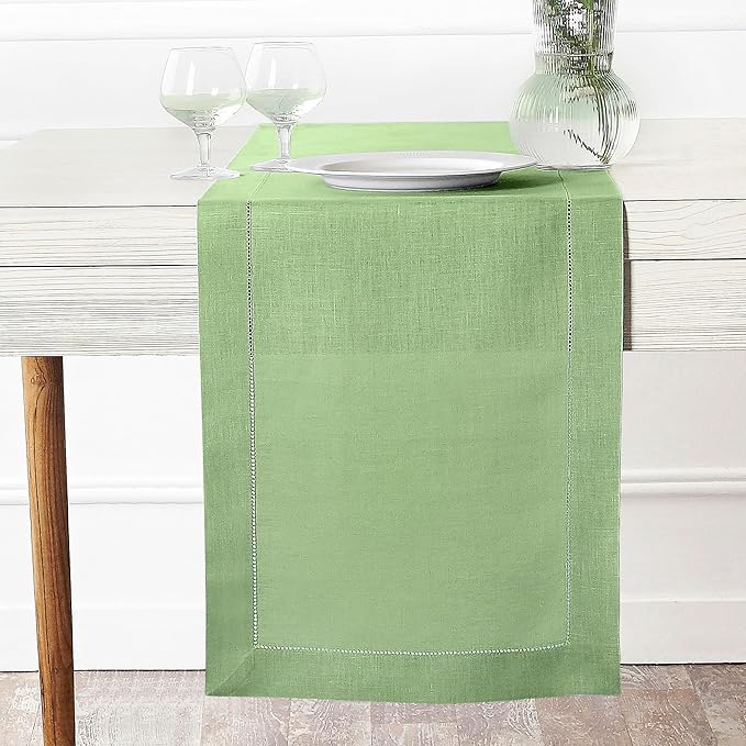 D'Moksha Homes Linen Sage Green Table Runner 60 Inches - Classic Hemstitch, 100% Pure Linen Coffee Table Runner 14 x 60 Inch Ideal for Dresser Tables - Spring, St Patricks Day, Easter
