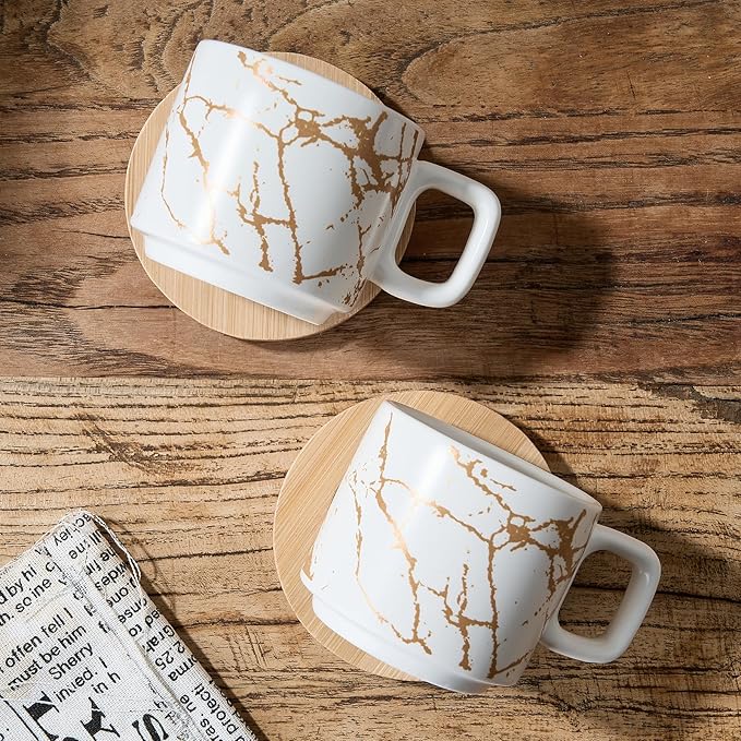 LUKA Porcelain Espresso Cup with Saucer and Metal Stand, 4 Ounce Stackable Ceramic Demitasse Espresso Mugs Cups Set for Latte,Coffee,Cafe Mocha,Tea(Set of 4),Marbling White
