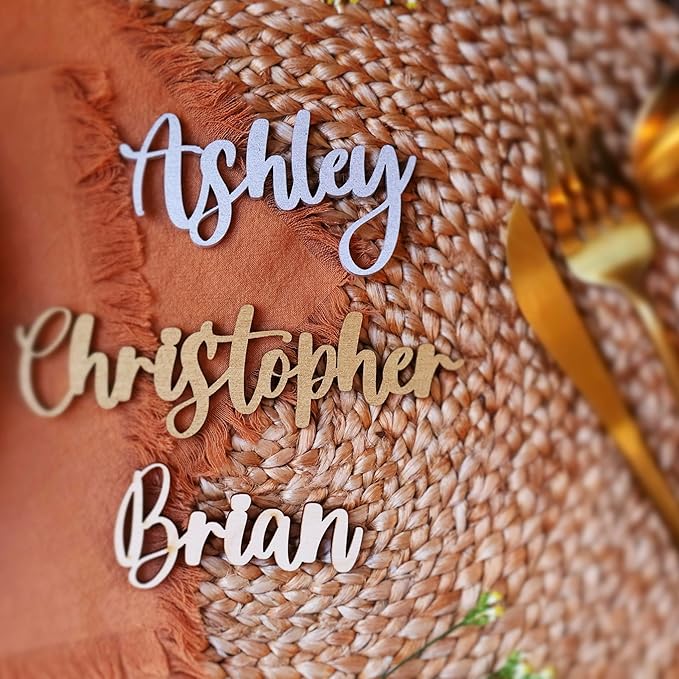 Customized Wooden Name Tags for Place Setting, Personalized Place Cards for Weddings, Bridal Showers and Events, Cursive Laser Cut Seating Cards