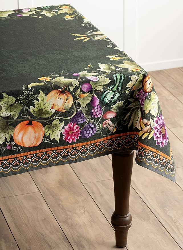 Maison d' Hermine Table Cloth Rectangle Table 100% Cotton 70 x 108 Inches Fall Tablecloth Reusable Everyday Use for Thanksgiving Christmas Decorations Dining Farmhouse (Pumpkin Garden - Dark Green)
