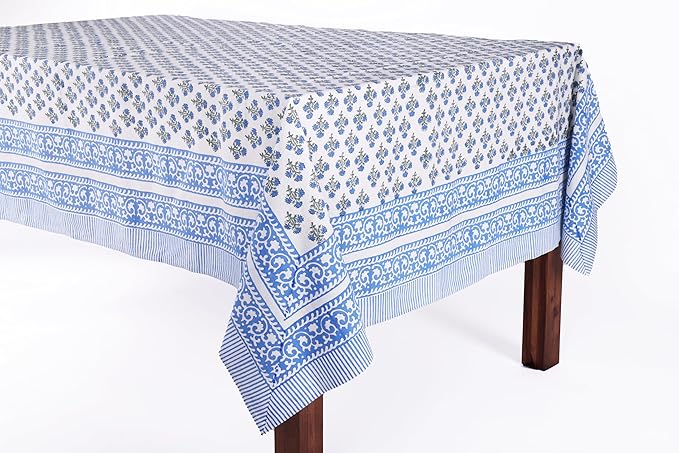 ATOSII Gulbahar Blue 100% Cotton Spring Square Tablecloth, Handblock Print Floral Table Cloth Linen for Kitchen Dining I Weddings, Parties, Outdoors, Easter Home Decor 60 X 60 Inches I 4 Seater