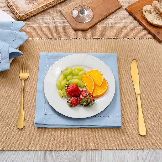 Blue Needles Set of 6 Hemstitch Linen Napkins 100% Cotton Ice Blue Cloth Dinner Napkins 18x18 inches, Soft, Reusable, Absorbent, Washable, Ideal for Wedding Events, Parties & Everyday Use