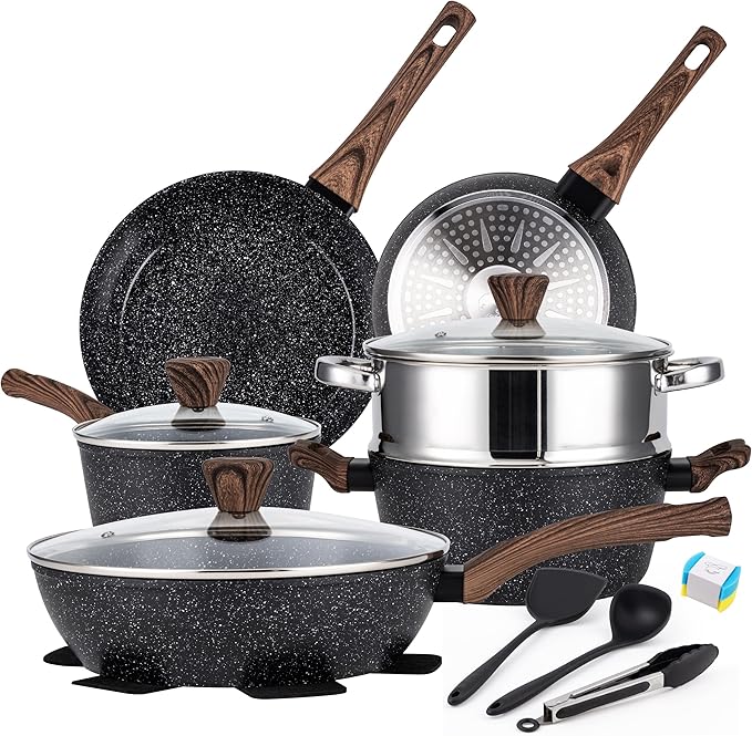 PekGema 14 Pcs Ceramic Cookware Sets, Pots and Pans Set Nonstick, Non Toxic Healthy Non stick Kitchen Cooking Set, Induction Cookware with Frying Pan Set, PFAS PTFE PFOA FREE, Black