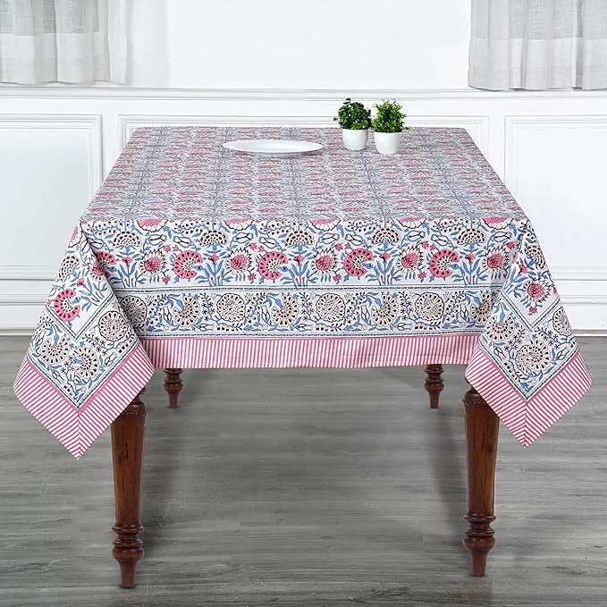 Ridhi Hand Block Print Pigeon Blue Flamingo Pink Rectangle Cotton Tablecloth 120" x 80" Reusable Table Cover Decorative Everyday Use for Dining, Farmhouse, Home Gift for Spring, Easter, Valentine