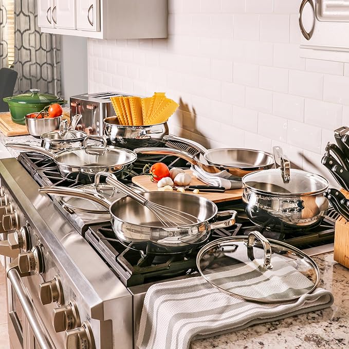 BergHOFF Belly Shape 18/10 Stainless Steel 12Pc Cookware Set, Glass Lids, Fast, Evenly Heat, Induction Cooktop Ready