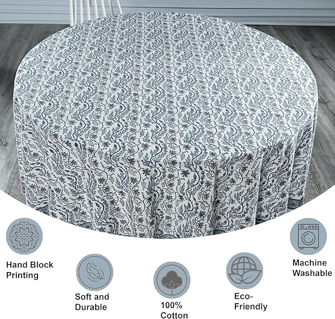 Ridhi Block Print Round Baby Blue Eyes Reusable Tablecloth 100% Cotton 110" Inch Decorative Table Cover eveyday Dining, Home, Party, Wedding, Farmhouse Gift for Spring, Easter, Valentine