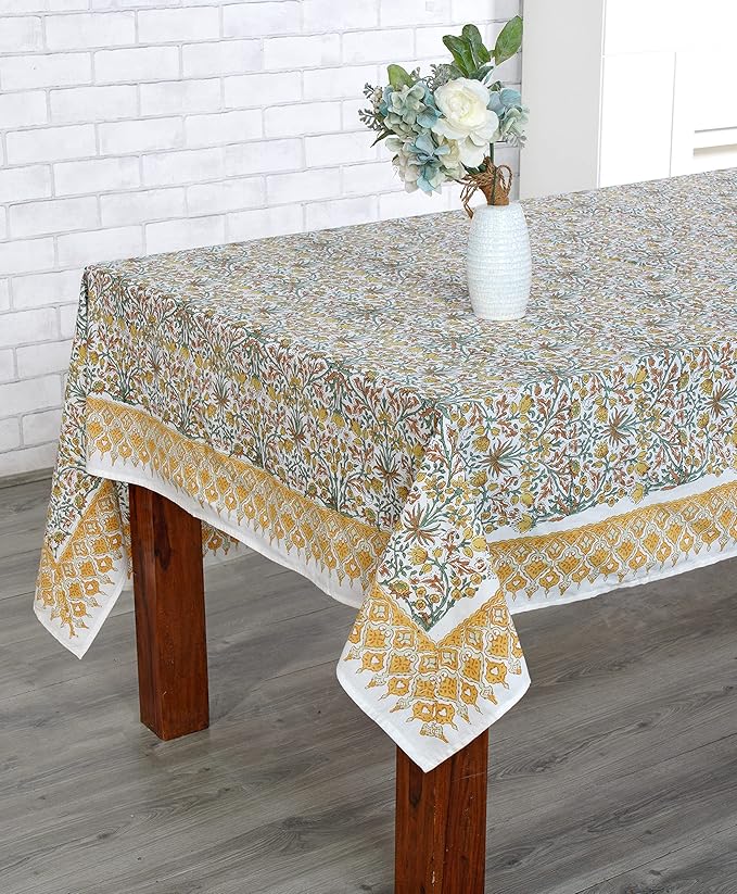 Ridhi Hand Block Print Goldenrod Yellow Rectangle Cotton Tablecloth 190" x 72" Reusable Table Cover Decorative Everyday Use for Dining, Farmhouse, Home Gift for Spring, Easter, Valentine