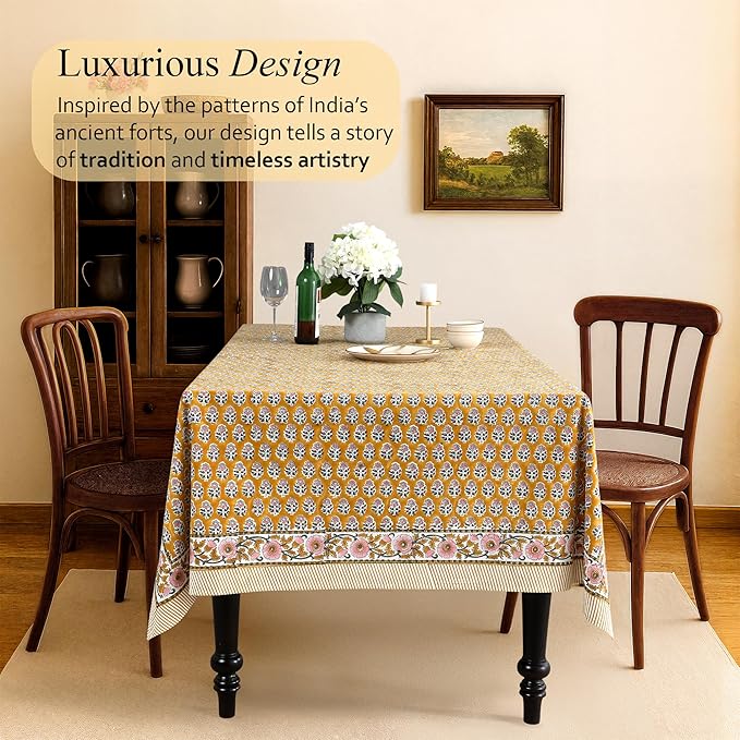 CPC Tablecloth 100% Cotton 72x190 Inch Indian Block Print Rectangle Table Cover, Yellow Table Cloth for Weddings, Spring/Summer, Barbeque - Yellow Citrine