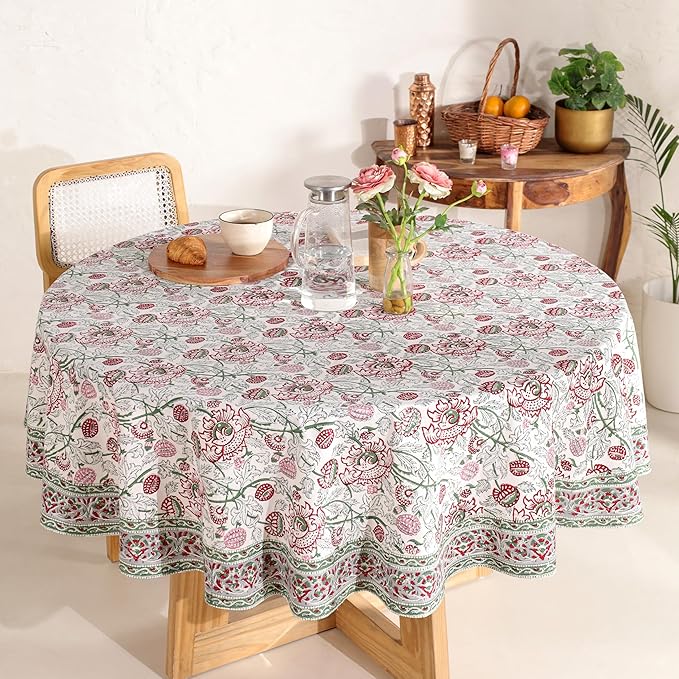 Hand Block Printed Table Cover - Exquisite Design, Premium Cotton Fabric, Perfect for Dining and Decor, Dining Table Linen (Stone Green Blossom, 6 Seater 72 Inches Round)