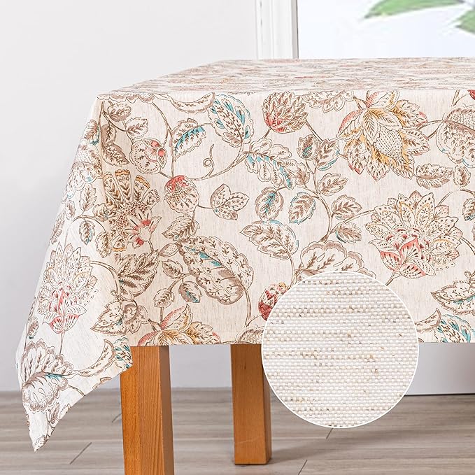 MYSKY HOME 60x120 Rectangle Tablecloth Linen Farmhouse Tablecloth Waterproof Decorative Fabric Table Cloth for Indoor&Outdoor, Floral Brown Tablecloth for 4 Feet Table, Washable
