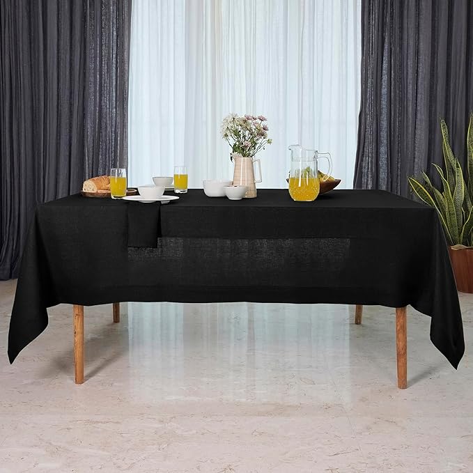 D'Moksha Homes Black Linen Tablecloth 60 x 156 Inch - 100% Pure Linen Tablecloth for Rectangle Tables - Machine Washable Table Cloth for Spring, Easter