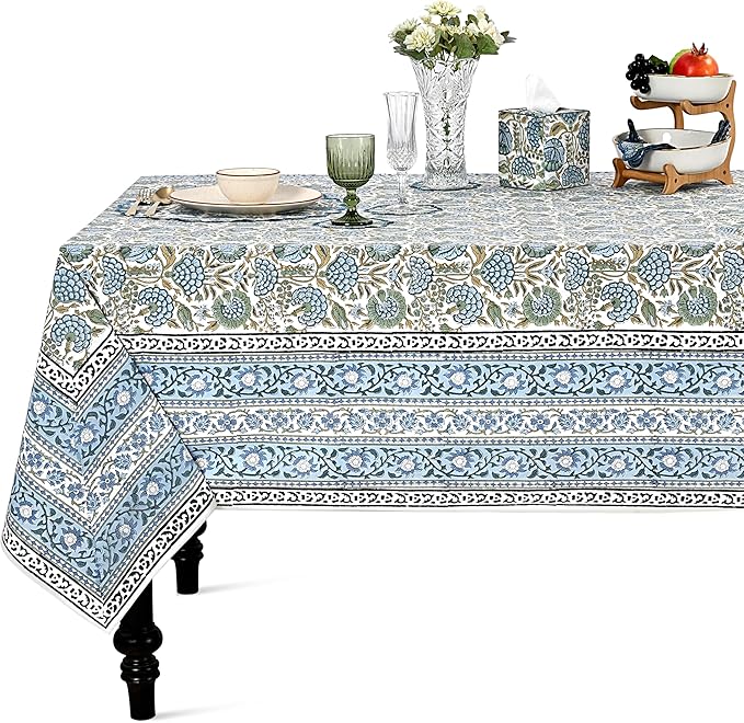 Ridhi -Asparagus Green 60x60 Inches Square 100% Cotton Hand Block Print Tablecloth Washable Halloween Thanksgiving/Christmas Parties/Wedding Use,Fall décor Farmhouse Dining Dinner Tablecloth