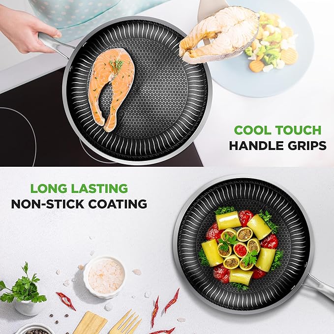 NutriChef 8” Stir Fry Pan with Glass Lid – Non-Stick Frying Pan, Triply Stainless Steel Cookware, DAKIN Etching Non-Stick Coating, Aluminum Core for Quick and Even Heat, Oven Safe, Dishwasher Safe
