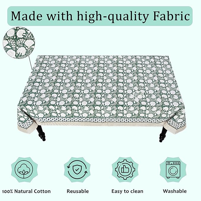 Ridhi Hand Block Print Turquoise Moss Green Rectangle Cotton Tablecloth 160" x 72" Reusable Table Cover Decorative Everyday Use for Dining, Farmhouse, Home Gift for Spring, Easter, Valentine