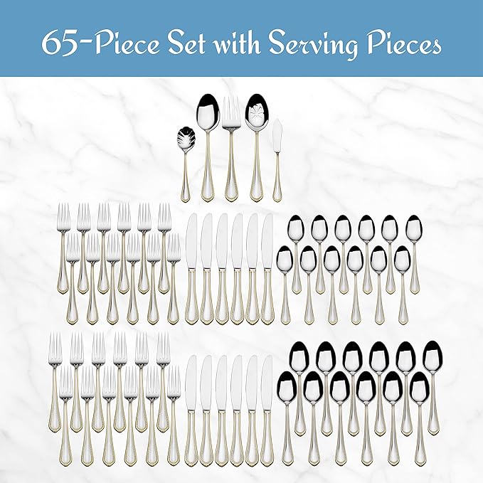 Mikasa, Gold Accent Regent Bead Flatware Service for 12, 65 Piece Set, 18/10 Stainless Steel, Silverware Set with Serving Utensils (Pack of 2)