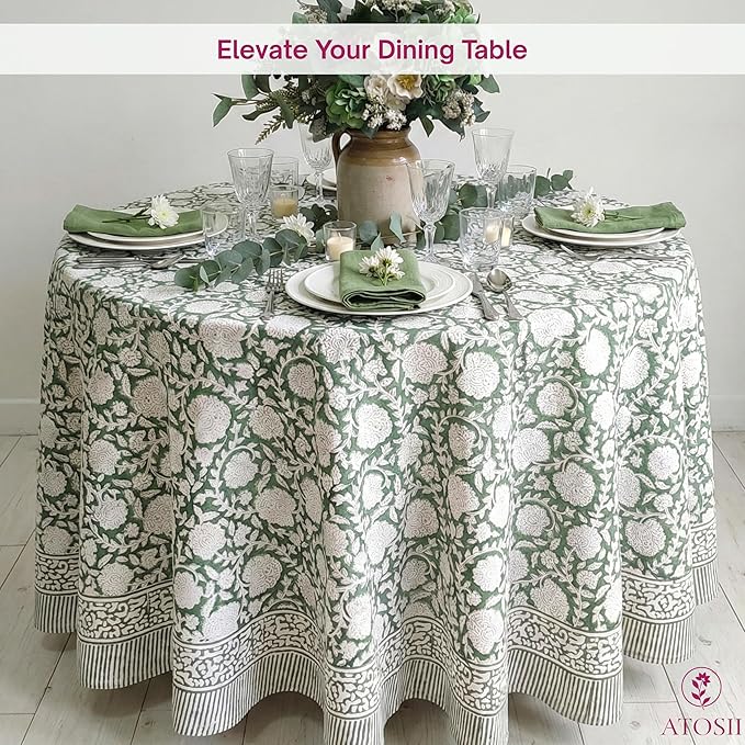 ATOSII Shalimar Green 100% Cotton Round Boho Fall Tablecloth, Handblock Floral Table Cloth Linen for Kitchen Dining I Parties Wedding Outdoors Christmas Thanksgiving I Fall Home Decor 90" Inches Round