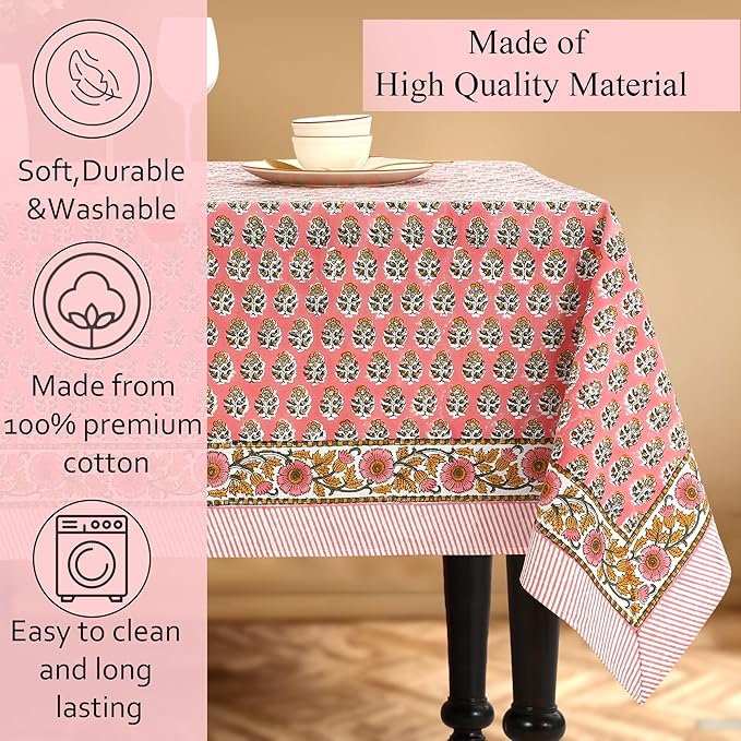 CPC Tablecloth 100% Cotton 60x60 Inch Indian Block Print Rectangle Table Cover, Washable Table Cloth for Weddings, Spring/Summer, Barbeque - Poppy Pink