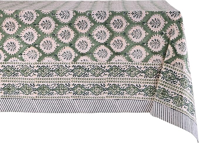 ATOSII Kari Green 100% Cotton Rectangle Boho Summer Tablecloth, Block Print Floral Table Cloth Linen for Dining, Parties, Wedding, Outdoors Home Decor 60 X 108 Inches I 8 Seater I