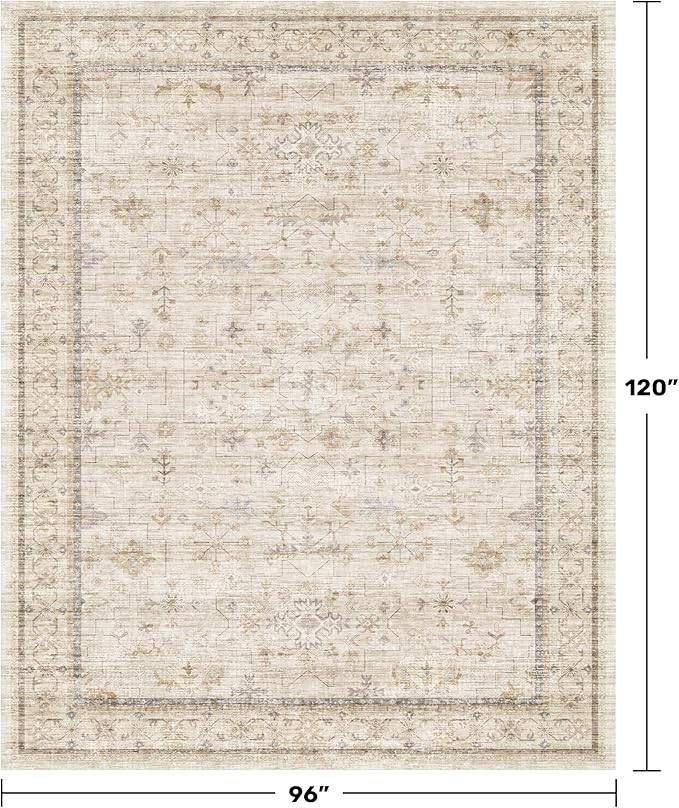 Washable Ivory Living Room Rug, 8x10 Non Slip Area Rugs for Bedroom, Dinning Room Under Table Low Pile Neutral Farmhouse Vintage Foldable Decor