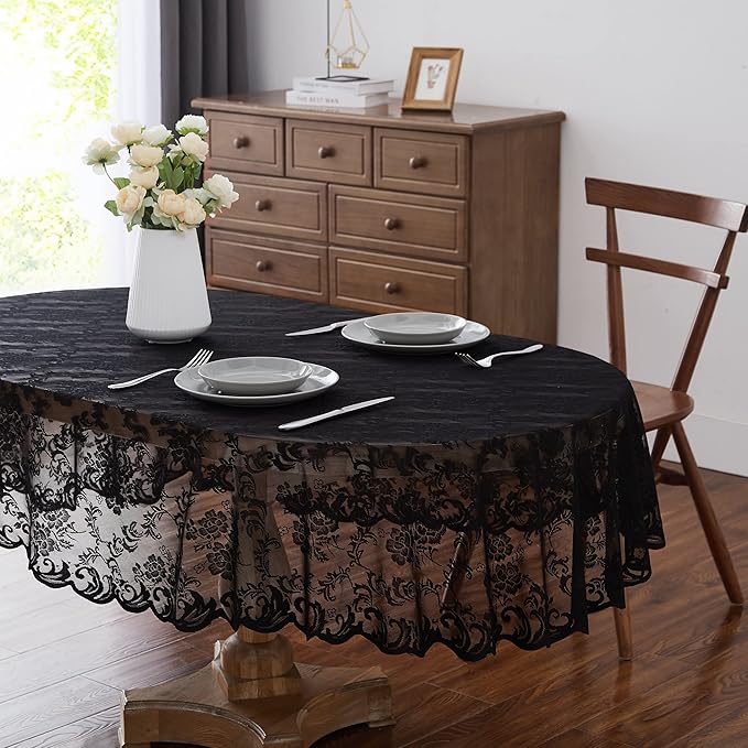 Warm Home Designs Gothic Tablecloth. 60 x 84 Black Oval Tablecloth. Elegant Lace Halloween Tablecloths for Oval Tables Feature Floral Design for Rustic Kitchen or Wedding Decor. MTC Black Oval 84"