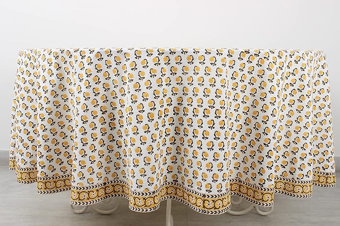 Ridhi Block Print Round Vintage Yellow Reusable Tablecloth 100% Cotton 60" Inch Decorative Table Cover eveyday Dining, Home, Party, Wedding, Farmhouse Gift for Spring, Easter, Valentine