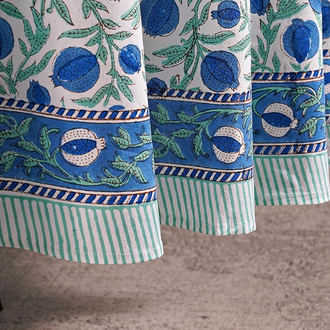 Ridhi Block Print Round Queen Blue Reusable Tablecloth 100% Cotton 120" Inch Decorative Table Cover eveyday Dining, Home, Party, Wedding, Farmhouse Gift for Spring, Easter, Valentine