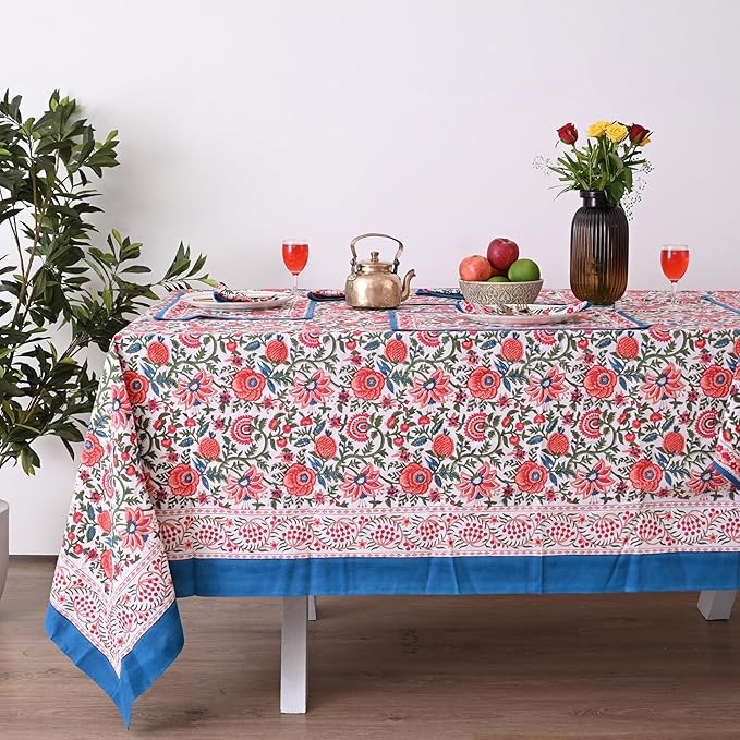 Hand Block Printed Cotton Tablecloth Elegant Floral Design Perfect for Dining Table Kitchen Parties Home Decor, Wall Tapestry (Peach Floral, 10 Seater 72 x 118 Inches Rectangle)