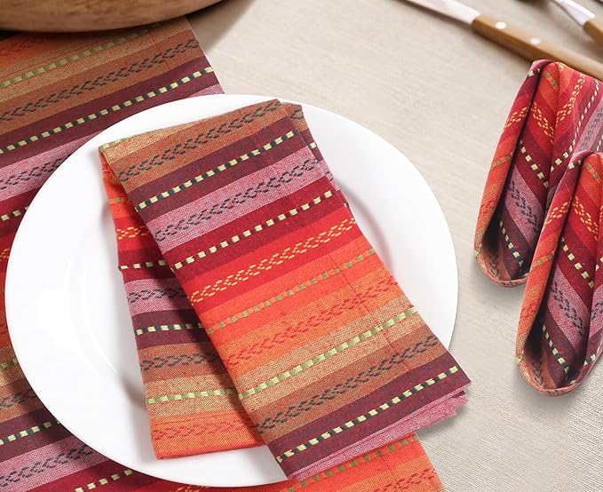 Homidate Cotton Cloth Dinner Napkins Set of 12 – 18x18 Salsa Red Multi Stripes – Reusable Machine Washable Fabric Napkins for Weddings, Events, Restaurants & Daily Dining
