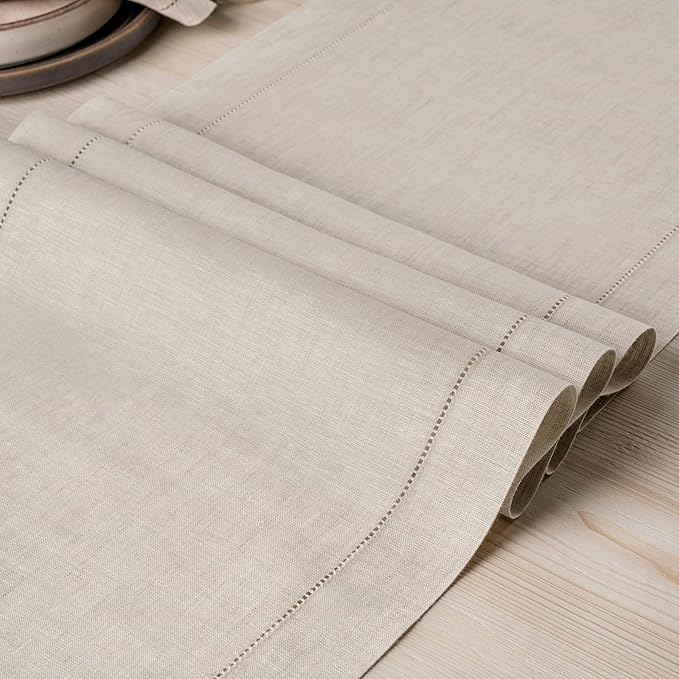 D'Moksha Homes Linen Light Natural Table Runner 36 Inches - 100% Pure Linen Small Table Runner 14 x 36 Inch Ideal for Dresser, Coffee Tables, Valentines, Spring, Easter - Classic Hemstitch