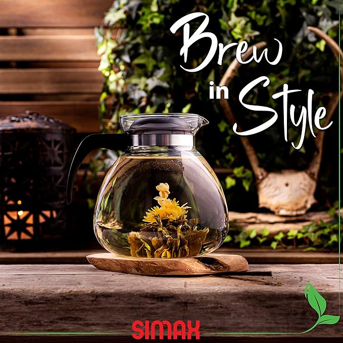 Simax Glassware 2.5 Quart Glass Teapot | Short Spout, Stay Cool Plastic Handle and Lid, Stovetop and Dishwasher Safe, Heat, Cold, and Thermal Shock Resistant Borosilicate Glass