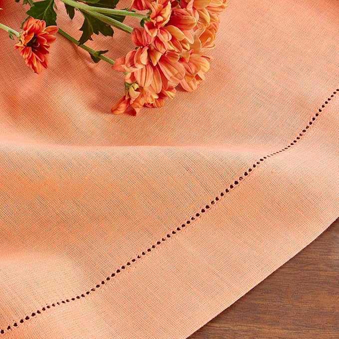 Solino Home Linen Tablecloth 60 x 132 Inch - Classic Hemstitch 100% Pure Linen Coral Table Cloth for Rectangle Tables - Machine Washable Tablecloth for Valentines, Spring, Easter