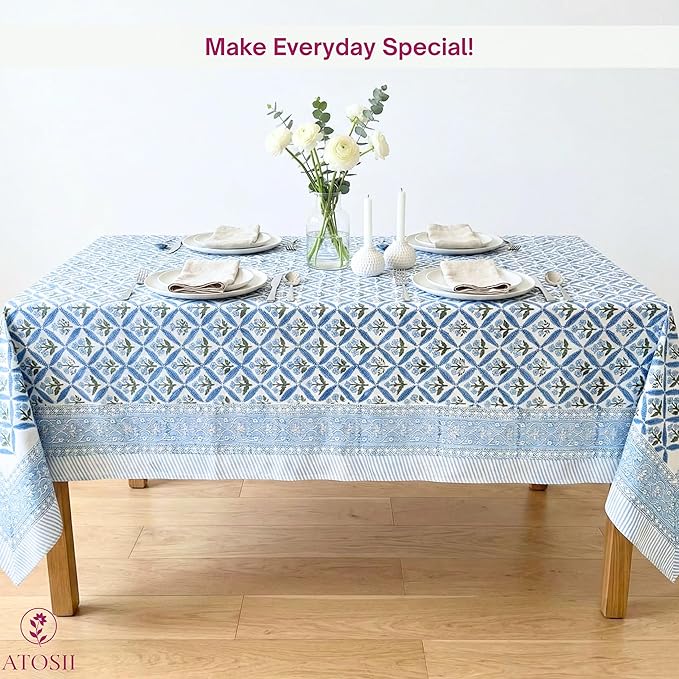 ATOSII Netta Blue 100% Cotton Rectangle Summer Tablecloth, Handblock Floral Print Linen Table Cloth for Kitchen Dining I Parties, Weddings, Outdoors, Decor 60 X 108 Inches, 8 Seater