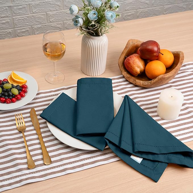 Blue Needles Set of 12 Hemstitch Linen Napkins 100% Cotton Crystal Teal Cloth Dinner Napkins 18x18 inches, Soft Reusable Absorbent Washable, Ideal for Wedding Events, Parties & Everyday Use