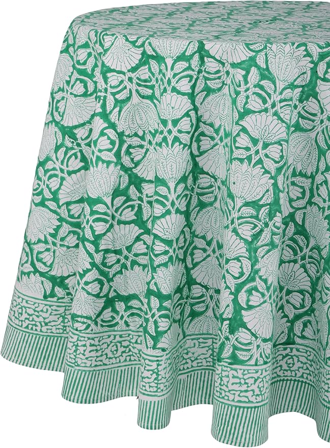 ATOSII Meadow Green 100% Cotton Summer Round Tablecloth, Block Print Table Cloth for Dining, Weddings, Outdoors, Parties I Grand Millenial Farmhouse Coastal Boho Home Decor 90" Inches