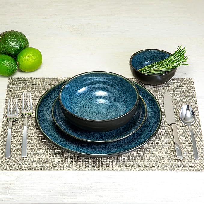 Sango 16-Piece Stoneware Dinnerware Set for 4, Glossy Black & Blue Plates and Bowls Sets with Reactive Glaze, Ceramic Dish Set, Modern Dishes for Everyday Dining, Microwave & Dishwasher Safe, Resona