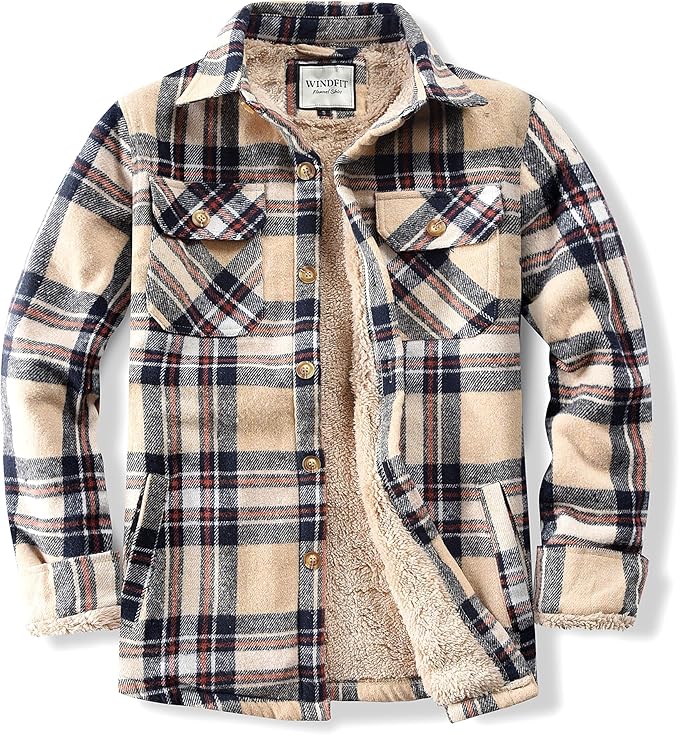 Men's Cotton Sherpa Lined Button Down Flannel Shirt Jacket Plaid Soft Outdoor Flannel Jacket Shirt