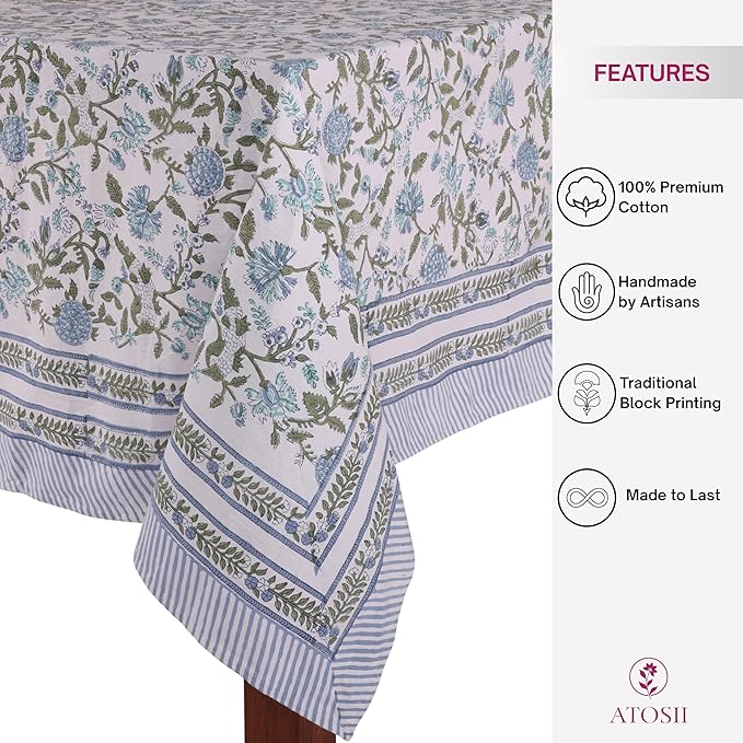 ATOSII Mahoka Blue 100% Cotton Rectangle Summer Tablecloth, Handblock Floral Linen Table Cloth for Kitchen Dining Table I Parties Weddings Outdoors Home Decor 72 X 120 Inches I 10 Seater