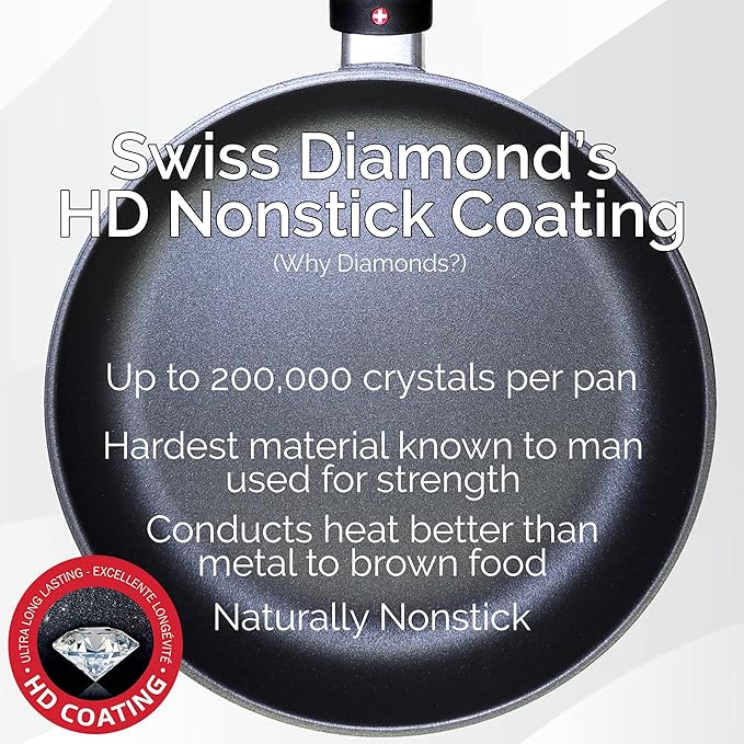 Swiss Diamond 10.25 Inch Frying Pan Nonstick Diamond Frying Pan, Aluminum Coated Skillet, Dishwasher Safe and Oven Safe Fry Pans with Ergonomic Handle, Grey