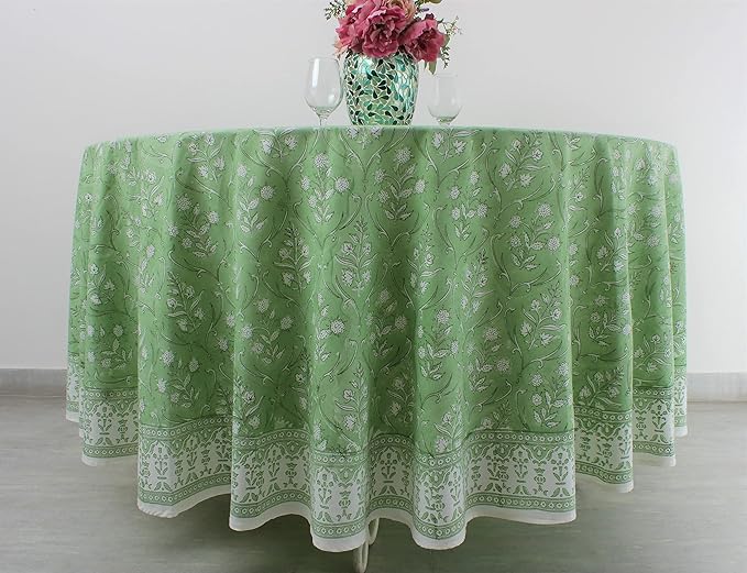 Ridhi Block Print Round Pear Green Reusable Tablecloth 100% Cotton 132" Inch Decorative Table Cover eveyday Dining, Home, Party, Wedding, Farmhouse Gift for Spring, Easter, Valentine