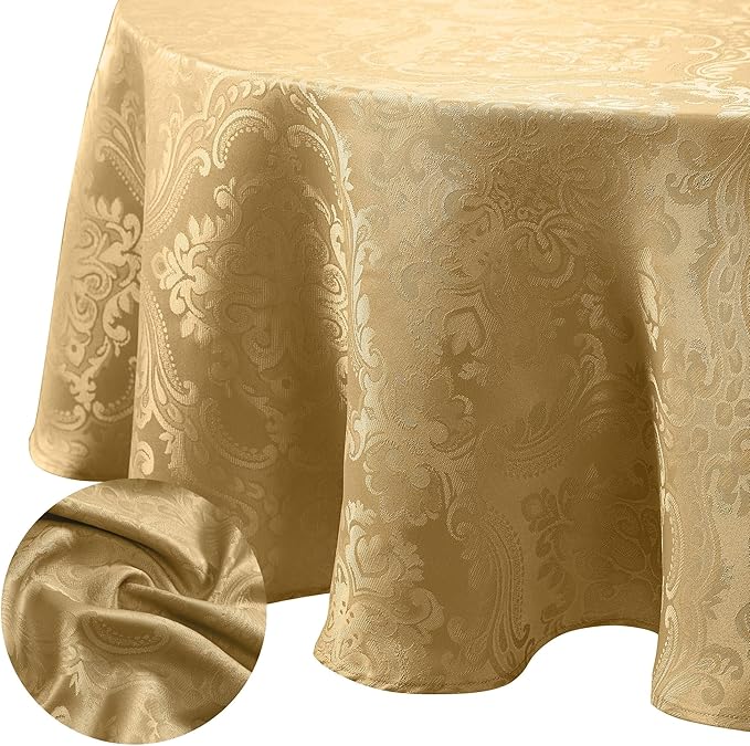 Elrene Home Fashions Caiden Elegance Damask Waterproof, Stain & Wrinkle Resistant Fabric Tablecloth, 90" Round, Gold (Pack of 12)
