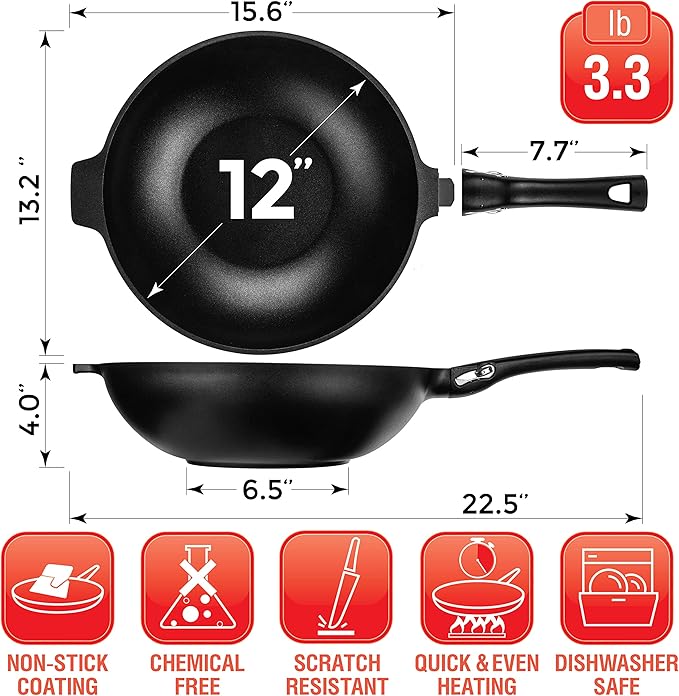 Aluminum Nonstick 12 inch Wok - Induction Compatible - Lightweight
