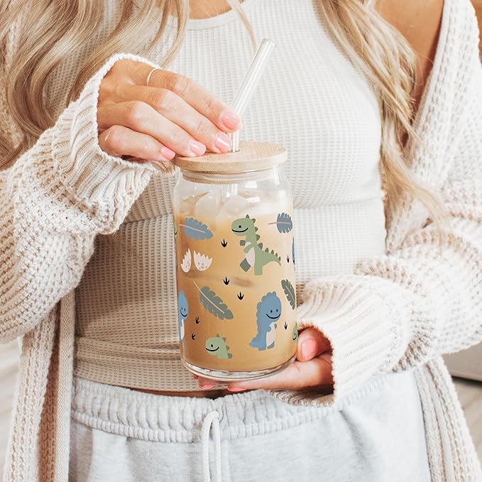 Sip-Sip Hooray! Cute Dinosaur Coffee Cup With Lid and Straw, 16oz Glass Baby Dino Gift, Dino Can Gift for Girlfriend, Trex Beer Can