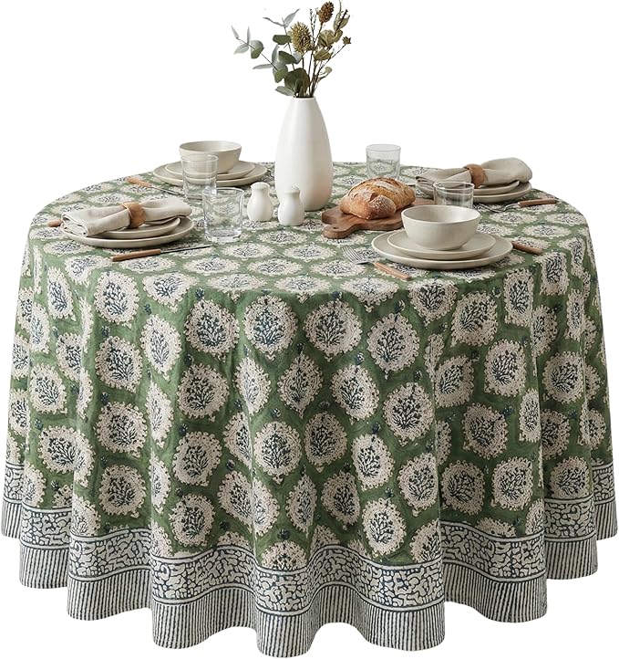 ATOSII Kari Green 100% Cotton Round Boho Spring Summer Tablecloth, Block Print Floral Table Cloth Linen for Dining, Parties, Weddings, OutdoorsI Home Table Decor 90" Inches Round