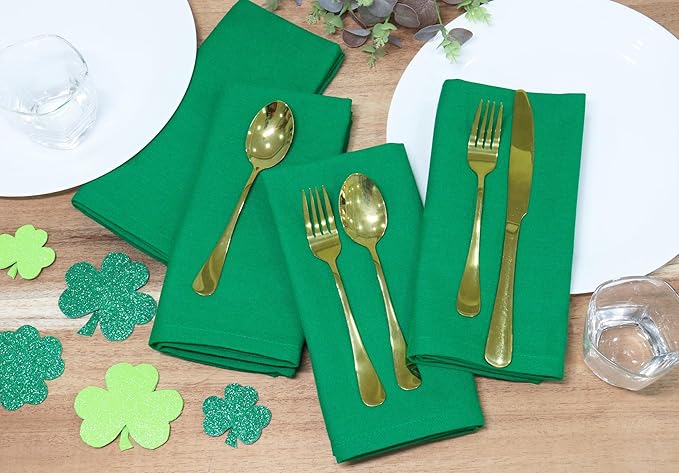 PurpleEssences Set of 12 Cloth Dinner Napkins 100% Cotton 18x18 Inch - Soft Durable Washable - Ideal for Farmhouse Party Christmas Holiday Winter - Perfect Everyday Use Table Linen - St Patricks Green